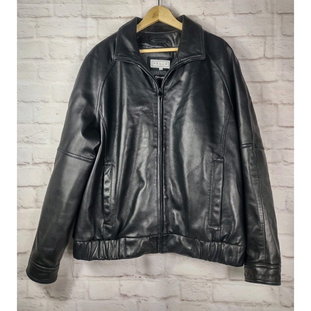 Vtg 90s Wilsons Pelle Studio Men XL Black Leather Thinsulate Line Bomber Jacket